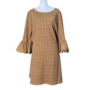 Nina Leonard Womens Brown Houndstooth Bell Sleeve Zip Up Shift Dress Size Medium
